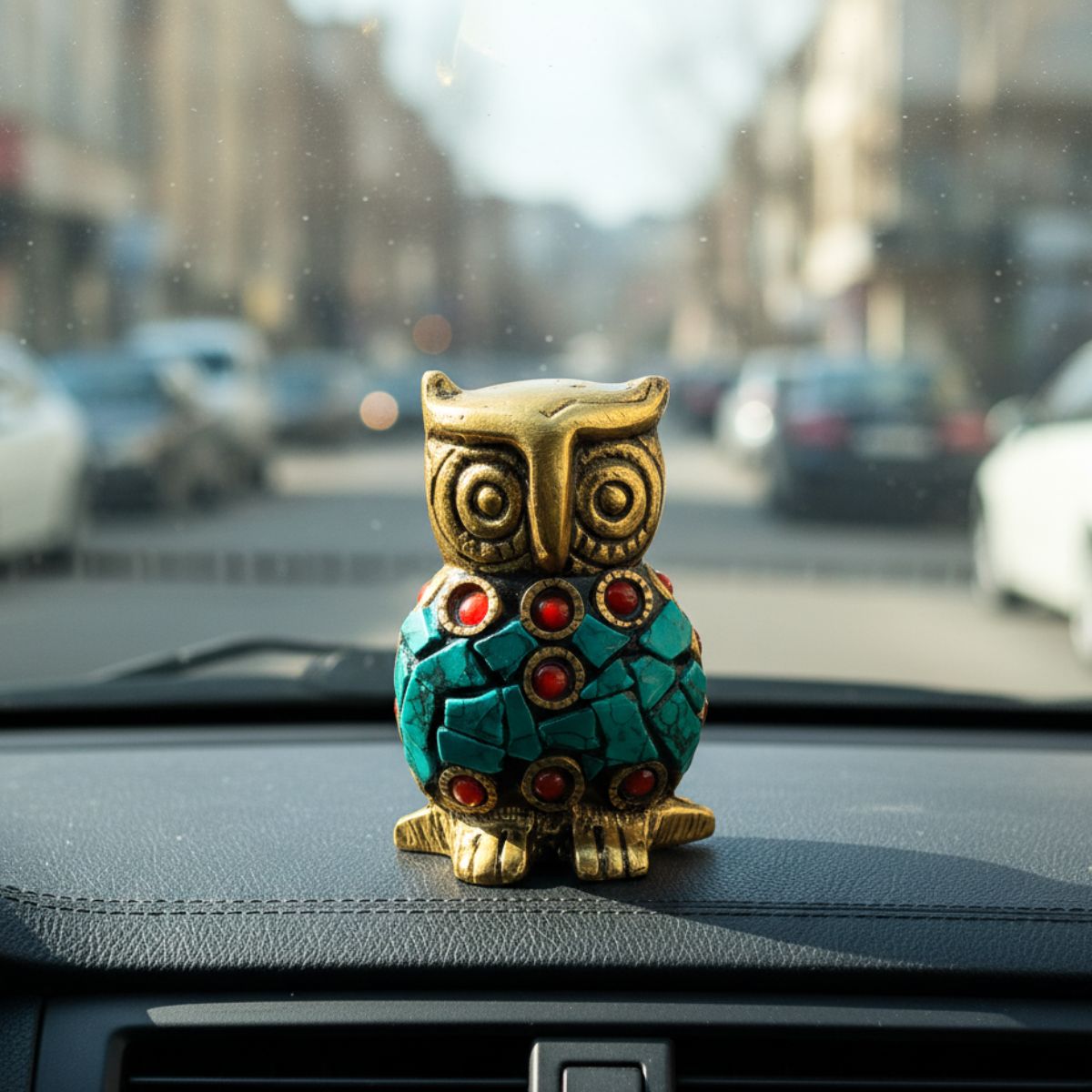 Metal Owl Statue Figurine with Colorful Stone Agarbatti Holder