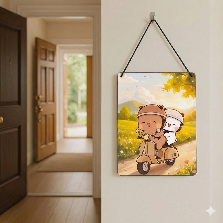 Cute Bear Couple Scooter Ride Wall Hanging | Aesthetic Room Decor