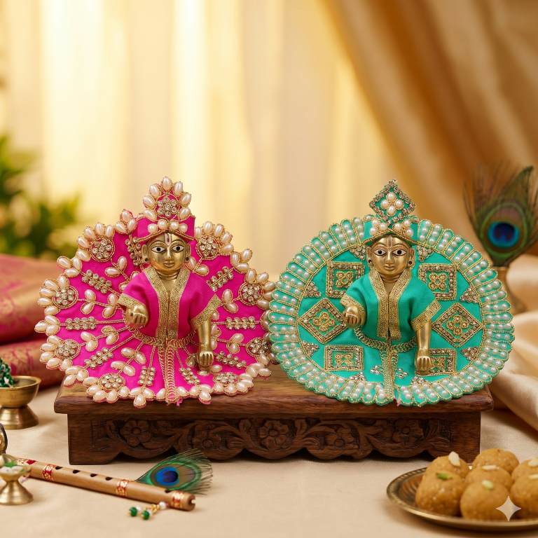 Tiny Shiny Laddu Gopal Poshak Thakur Ji Dress Heavy Designer Dress for Kanha Ji Fancy Dress for Bal Krishna Janmaasthmi Special for Ladoo Gopal Ji (Size-1 And 2)