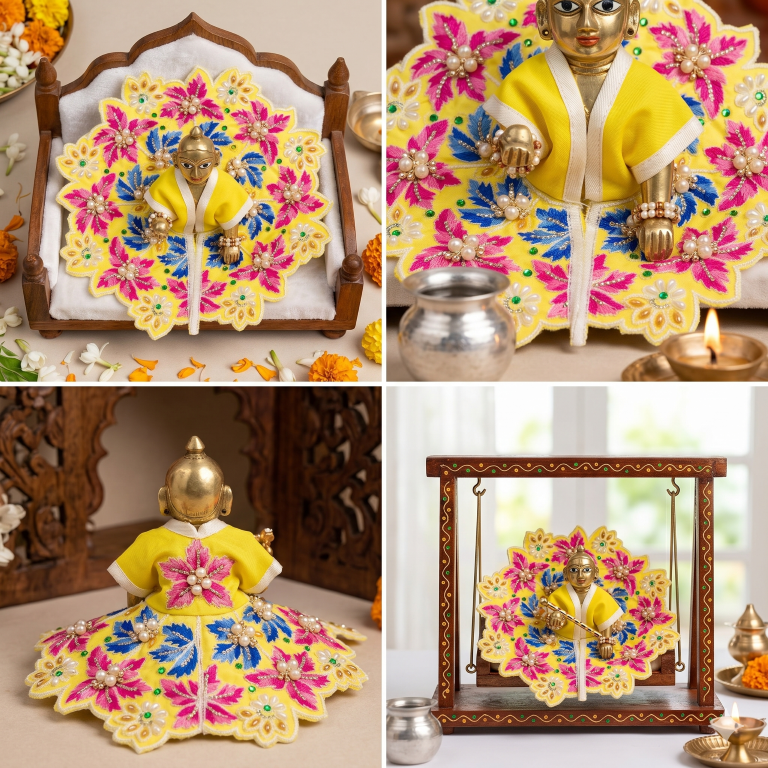 Tiny Shiny Laddu Gopal Poshak Thakur Ji Dress Heavy Designer Dress for Kanha Ji Fancy Dress for Bal Krishna Janmaasthmi Special for Ladoo Gopal Ji (Size-4 And 5)