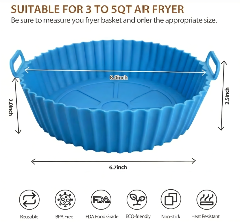 Air Fryer Liners I Round Silicone Basket Baking Tray I Pot with Ear Handles I Nonstick Reusable Heat Resistant I Cooking Oven Insert Accessories - Multicolor (Pack of 2)
