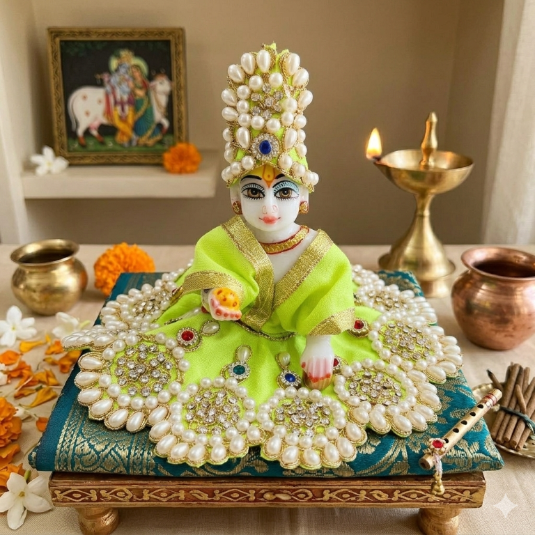 Tiny Shiny Laddu Gopal Poshak Thakur Ji Dress Heavy Designer Dress for Kanha Ji Fancy Dress for Bal Krishna Janmaasthmi Special for Ladoo Gopal Ji (Size- 3 to 5)