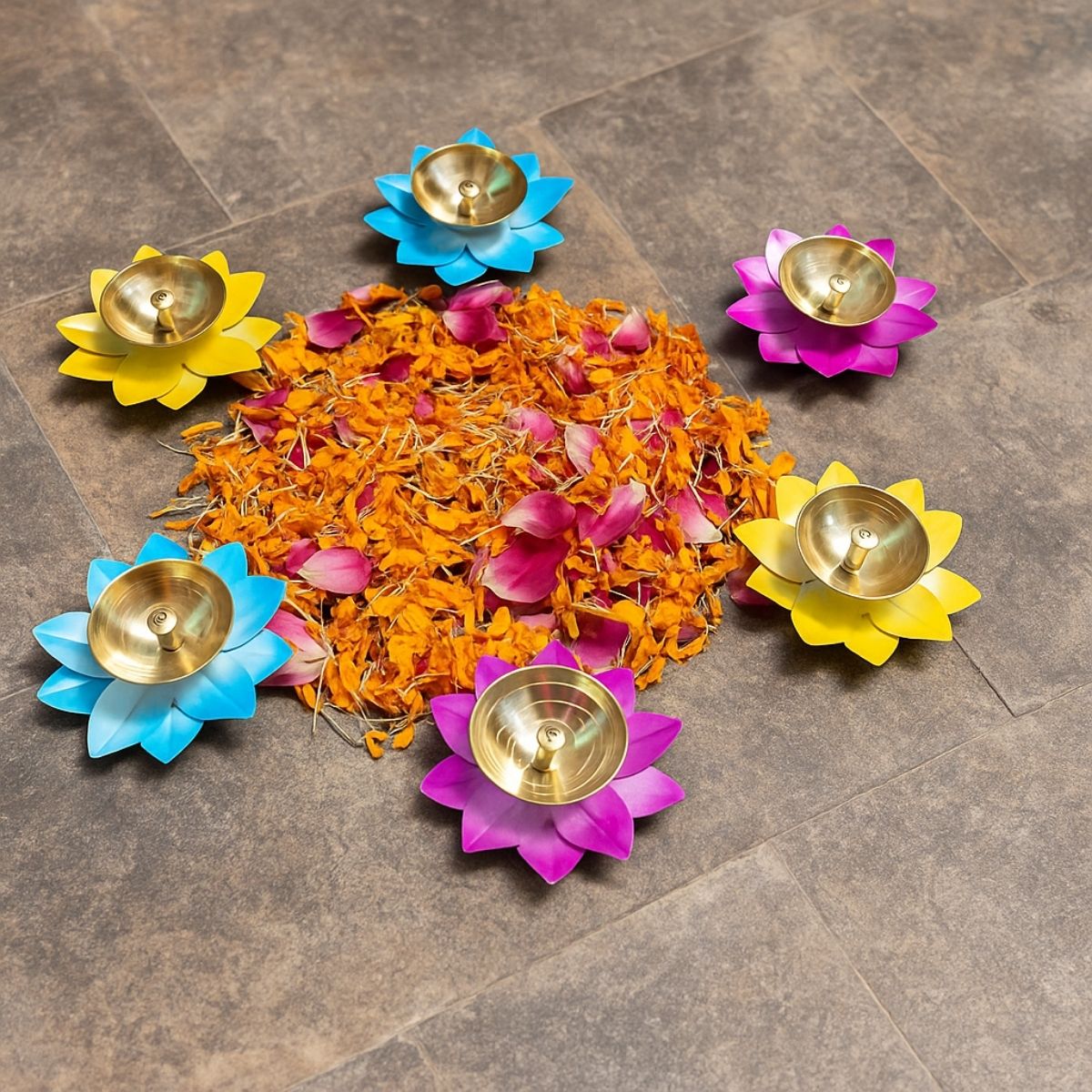 6Pc Brass Diya Lotus Oil Lamp Set