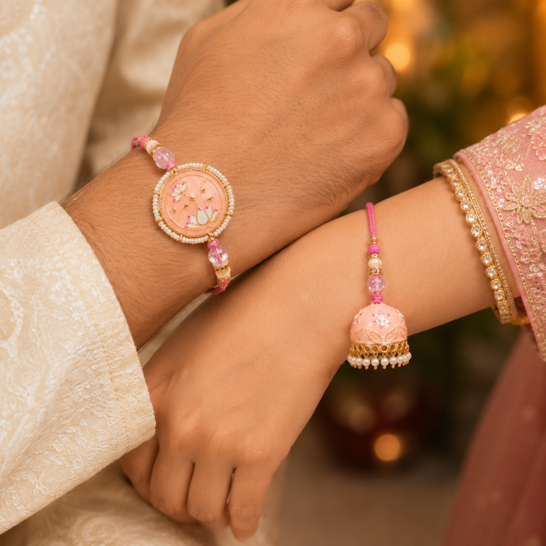 Bhai Bhabhi Rakhi Set | Pink Floral Rakhi with Designer Jhumki Lumba
