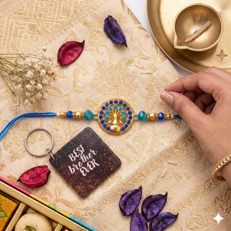 Rakhi Gift Set Brother with Life Tree Rakhi, Roli Chawa, Sipra, Key Chain and chocolate box