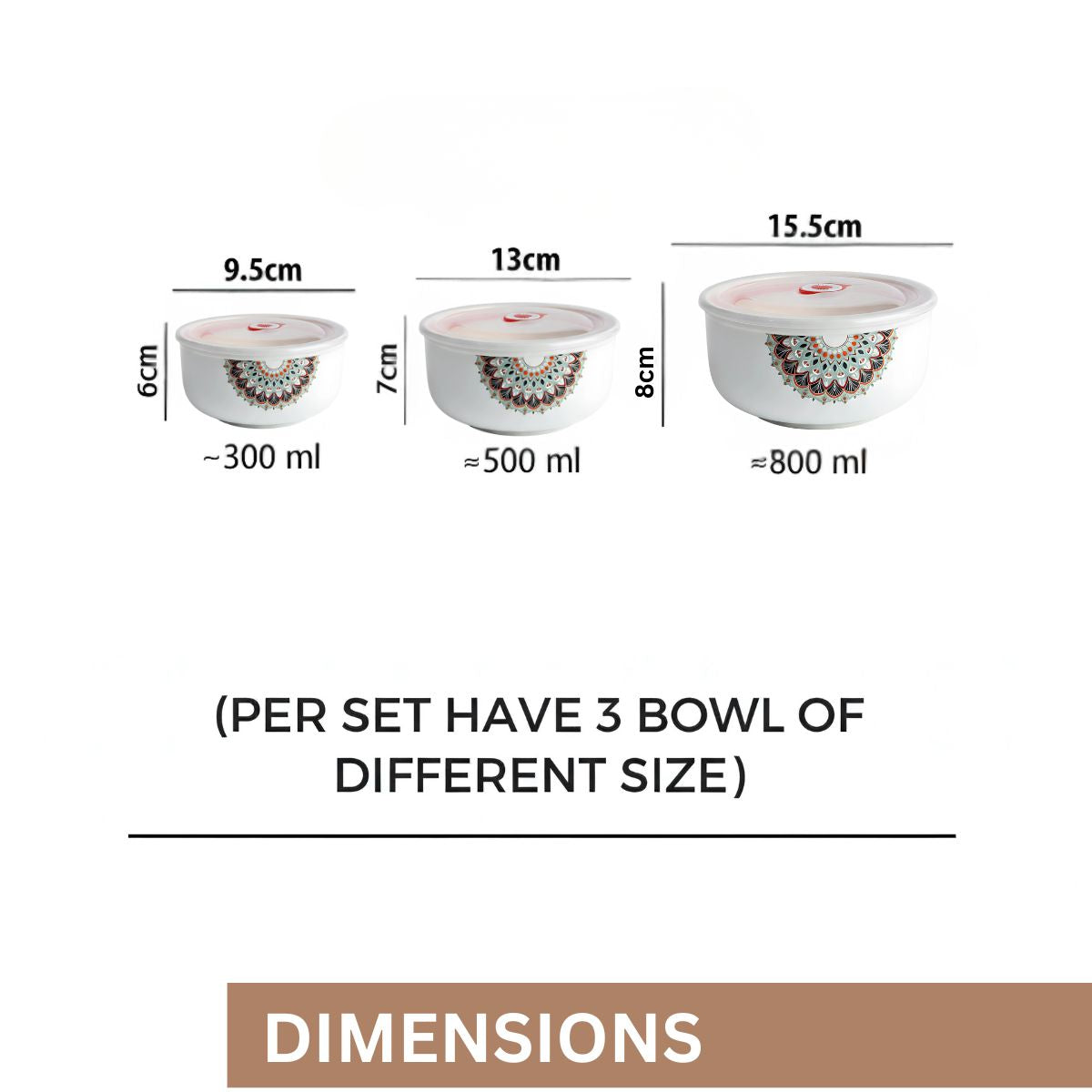 Mandala Printed Ceramic Bowl Set with Lids | Multipurpose Food Storage & Serving Bowls | Microwave & Dishwasher Safe | Durable Kitchen Bowls (Set of 3, Multisize)