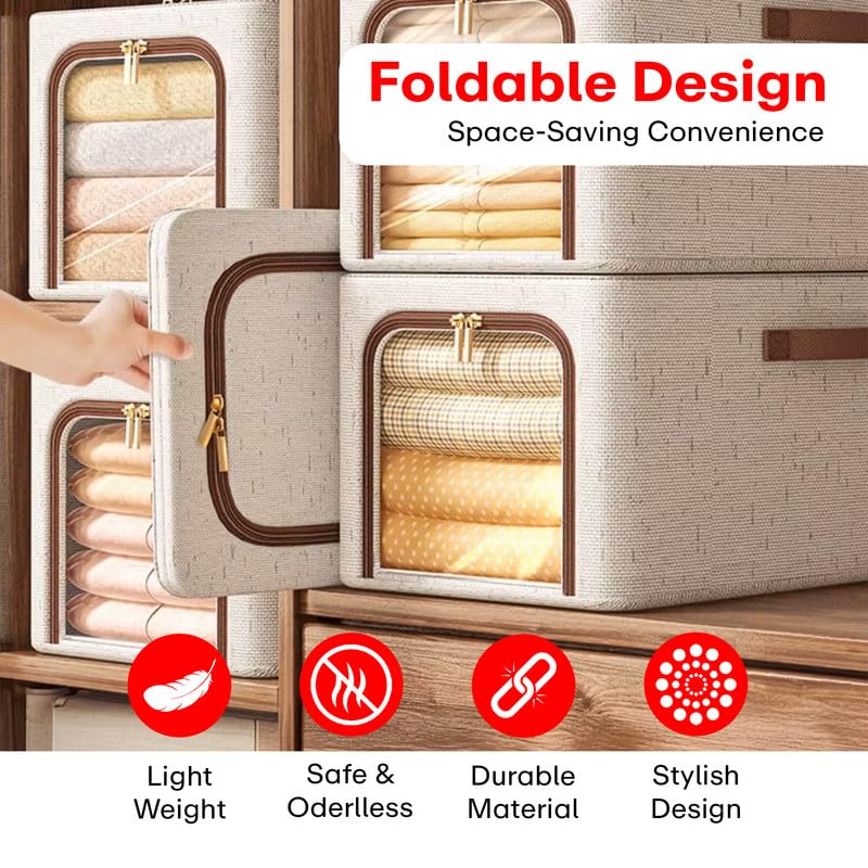 Tiny Shiny Clothes Storage Bin with Metal Frame  and Handle — 49 Litre Quilt Organizer Box | Beige