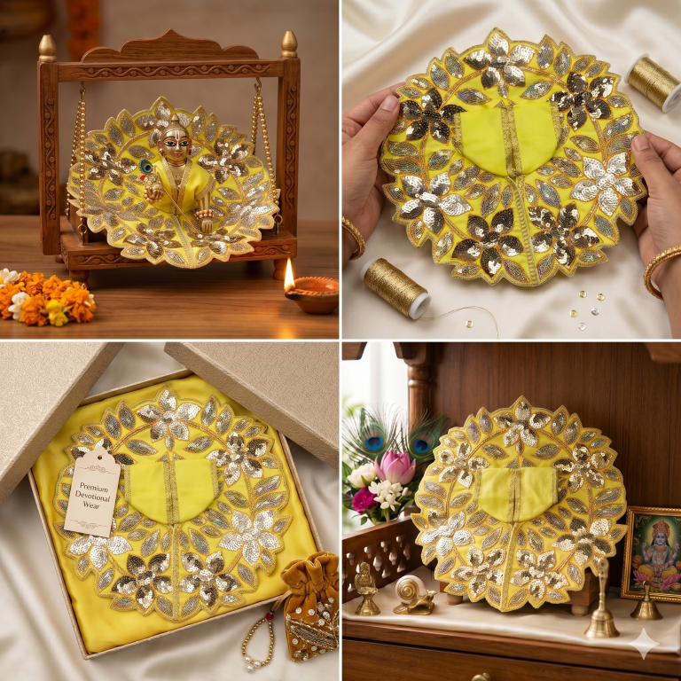 Tiny Shiny Laddu Gopal Poshak Thakur Ji Dress Heavy Designer Dress for Kanha Ji Fancy Dress for Bal Krishna Janmaasthmi Special for Ladoo Gopal Ji (Size-4 and 5)