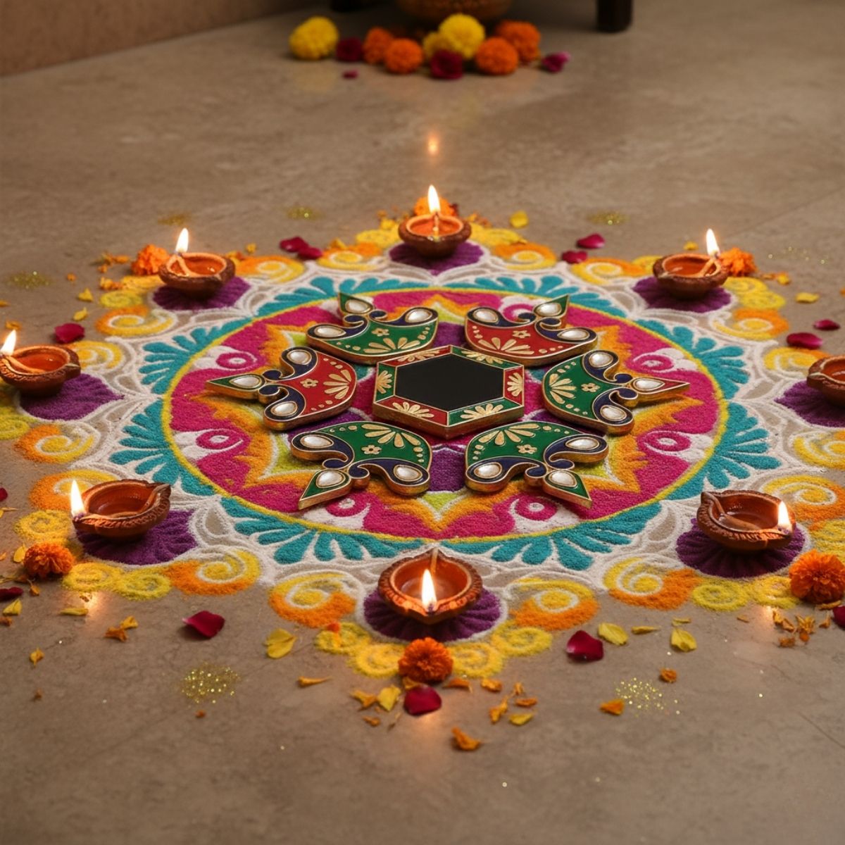 Diya Meena Stone Rangoli — Decorative  Reusable Festive Floor Art for Diwali and Pooja