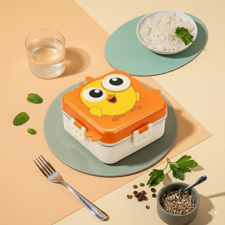 2 Layer Kids Lunch Box with Steel Inner, 3 Compartments Leak Proof Airtight BPA Free Bento Tiffin Box 1120 ML with 70 ML Sauce Cup for School Picnic Boys Girls (Sunset Orange Chick)