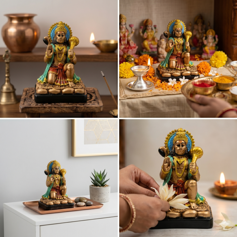 Divine Lord Hanuman Idol with Gada - Antique Bronze Finish & Vibrant Accents (13 cm) | Bajrang Bali Murti for Home & Office