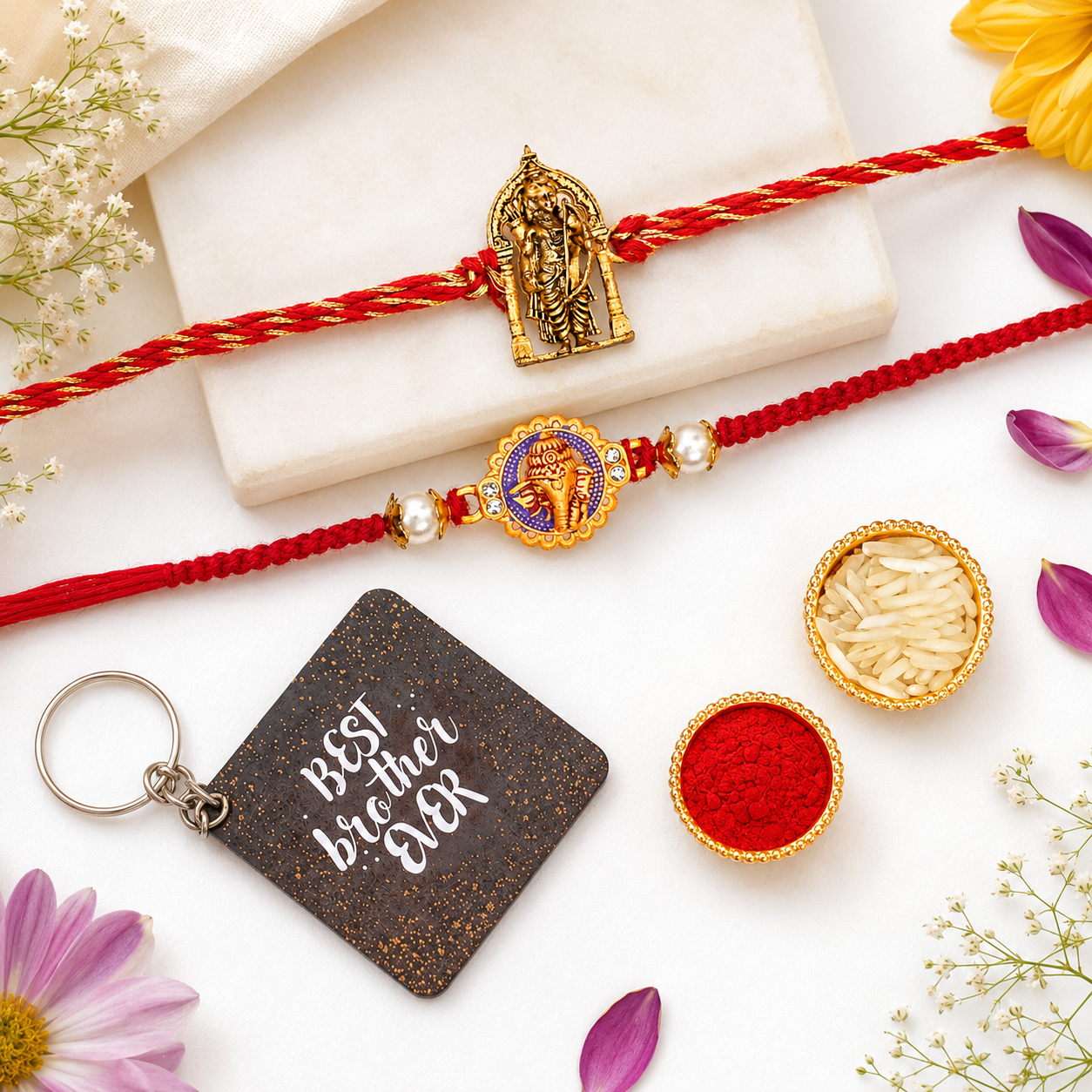 Rakhi Gift Set with 2 Divine Ram Lalla Rakhi Set, Roli Chawa, Sipra, Key Chain and chocolate box