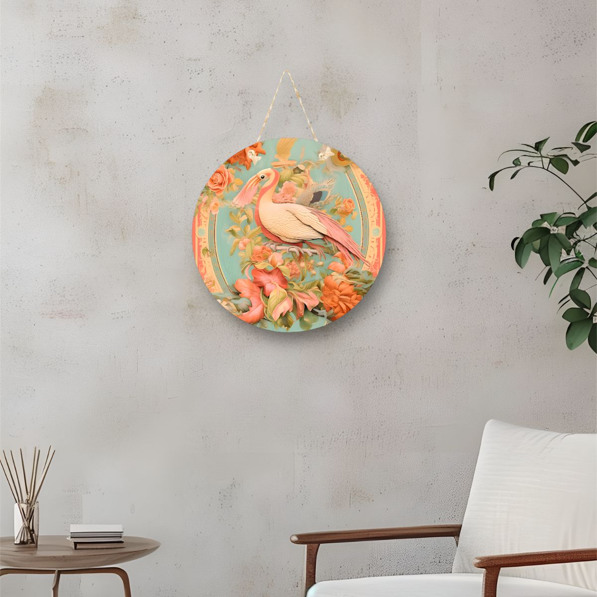 Flamingo Floral Round Hanging Wall Plaque for Home Décor