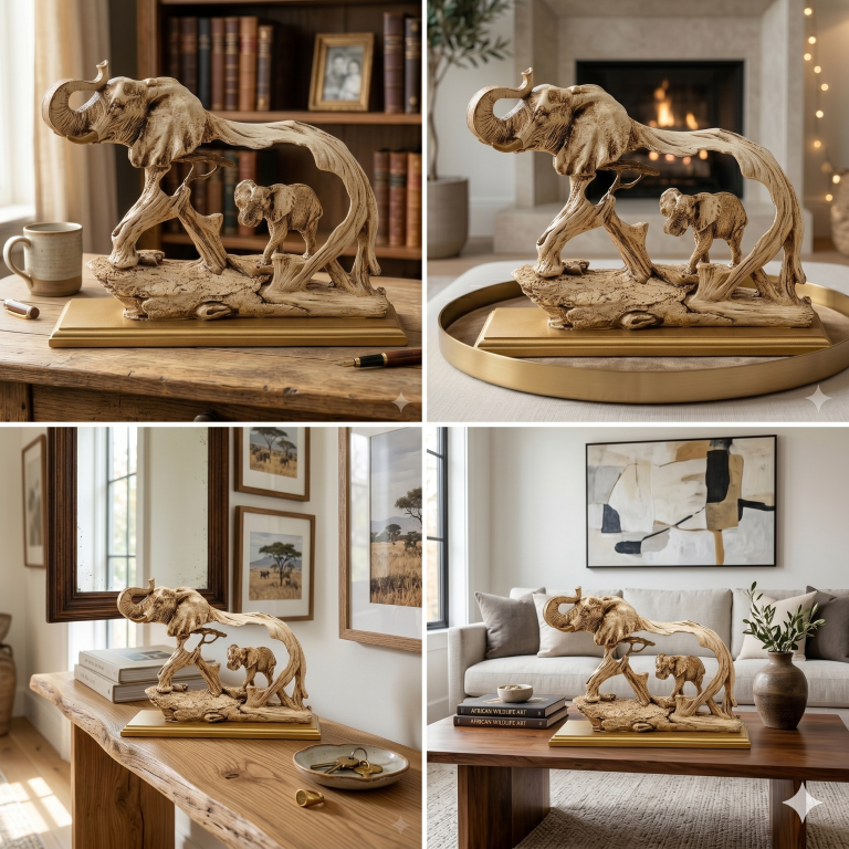 Antique Ivory & Gold Elephant Family Figurine | Majestic Wildlife Home Decor