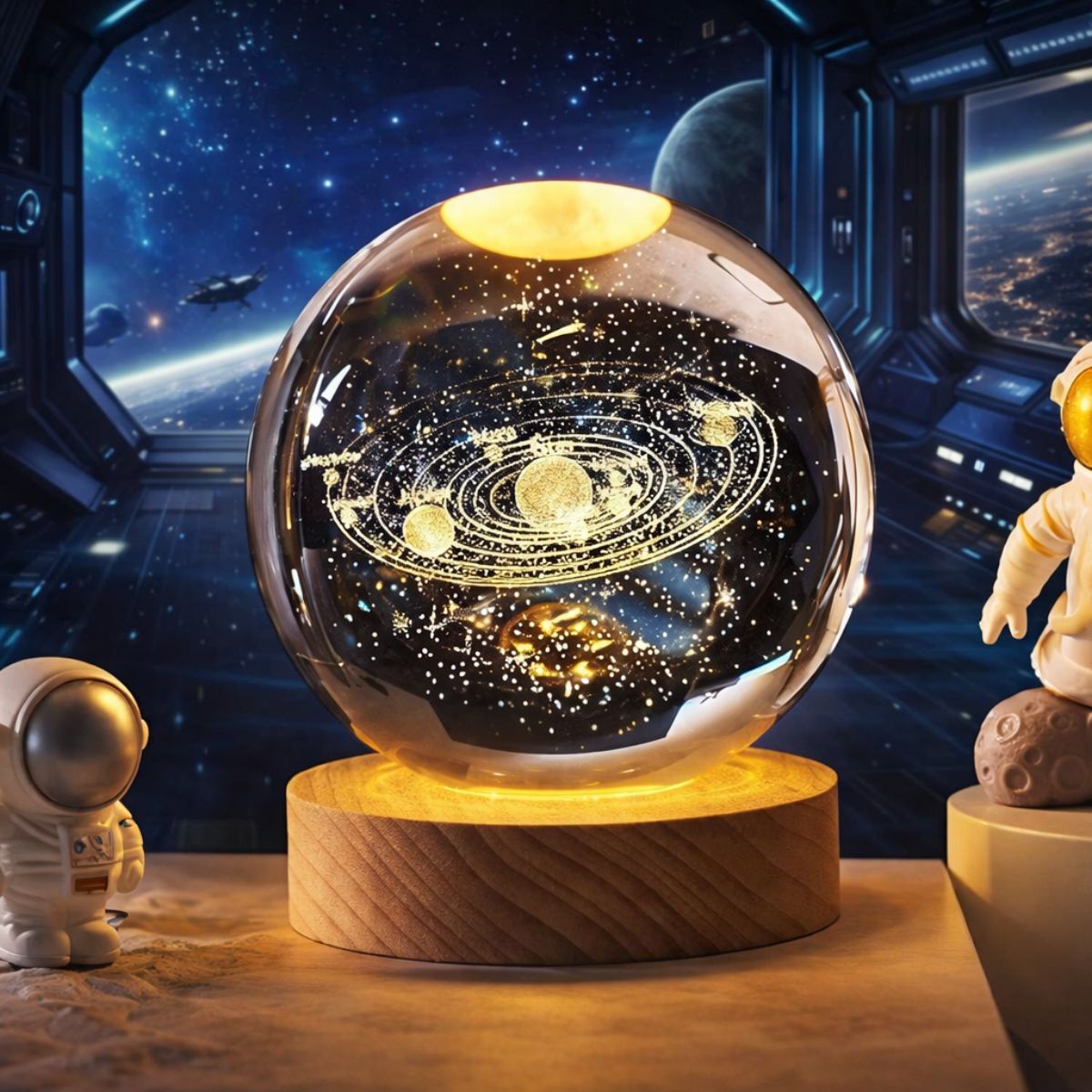 Tiny Shiny 3D Crystal Ball Night Lamp with Base —  Solar System Design