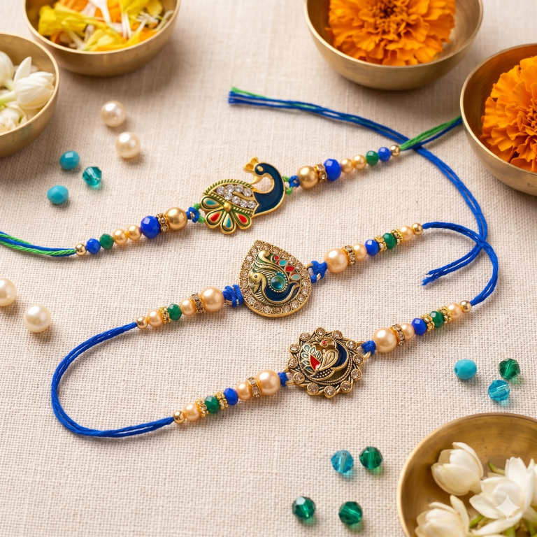 Rakhi Gift Set for Bhai with 3 Royal Peacock Rakhi Trio, Roli Chawa, Sipra, Key Chain and chocolate box