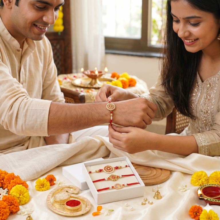 Rakhi Gift Set for Bhai with 3 Krishna Ganesha Rakhi Set, Roli Chawa, Sipra, Key Chain and chocolate box