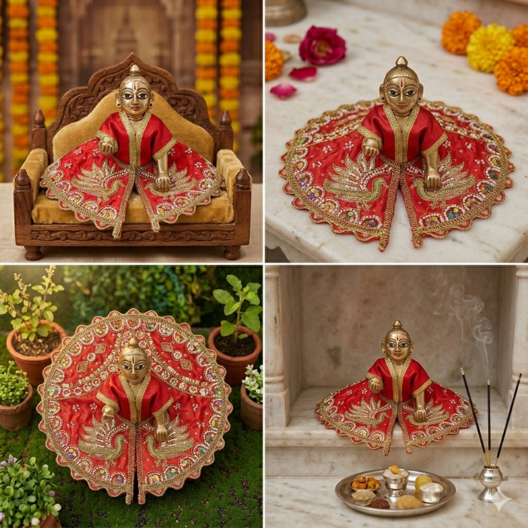 Tiny Shiny Laddu Gopal Poshak Thakur Ji Dress Heavy Designer Dress for Kanha Ji Fancy Dress for Bal Krishna Janmaasthmi Special for Ladoo Gopal Ji (Size-4 And 5)
