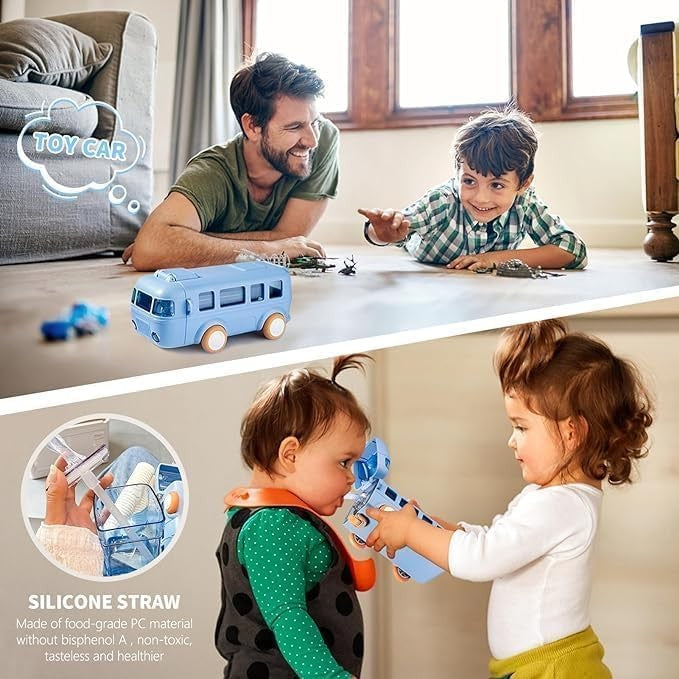 Bus Water Bottle For Kids With Strap, Sipper, & Straw | Leakproof, Bpa Free With Lock, 500 Ml | Tritan Water Bottle For School Kids| (BLUE-COLOR)