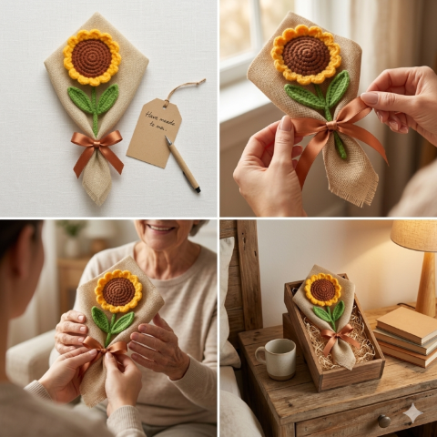 Crochet Sunflower Bouquet, Single-Stem with Decorative Ribbon, Yellow and Brown - Best Gift Birthday Anniversary Love Friendship