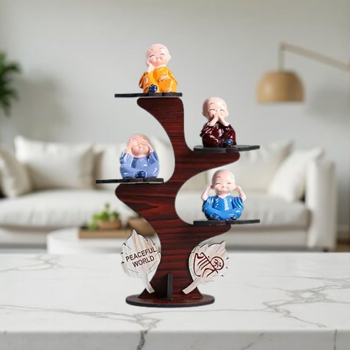 Set of 4 Adorable Buddha Monk Figurines with Wooden Stand