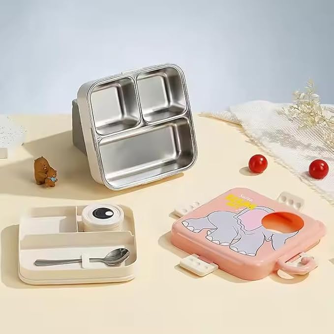 Cute Elephant Bento Lunch Box for Kids | 3 Compartment Leak-Proof BPA-Free Tiffin | Cartoon Elephant Design with Airtight Lid & Lock Clips | School, Travel & Picnic Lunch Container | Lunchbox (1120ml + 70ml) (Pink)