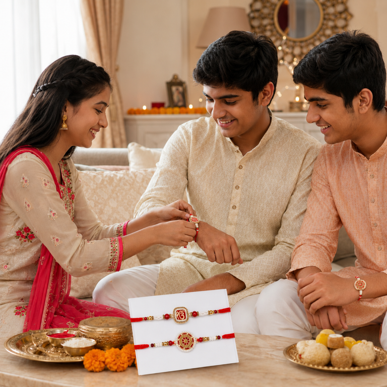 Rakhi Gift Set with 2 Ik Onkar & Mandala Rakhi Set, Roli Chawa, Sipra, Key Chain and chocolate box