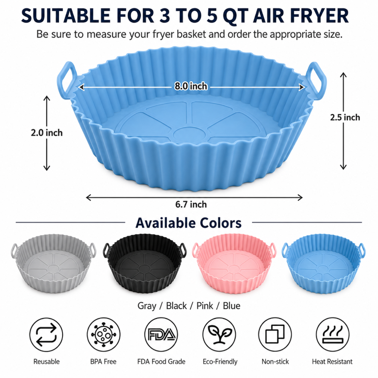 Air Fryer Liners I Round Silicone Basket Baking Tray I Pot with Ear Handles I Nonstick Reusable Heat Resistant I Cooking Oven Insert Accessories - Multicolor (Pack of 4)