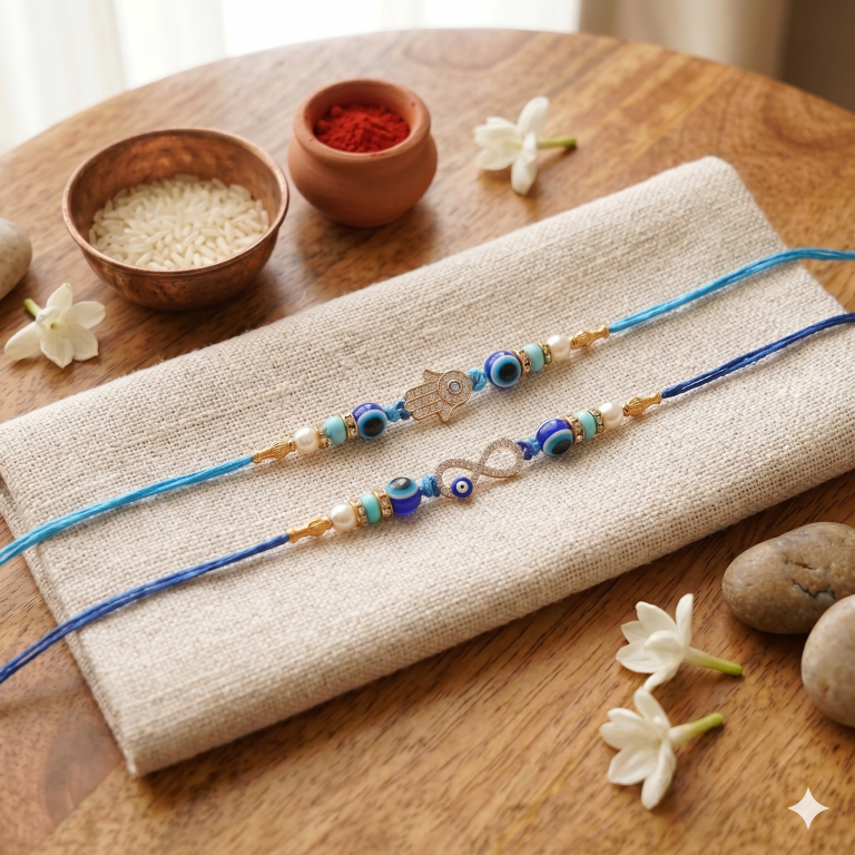 Set of 2 Hamsa & Infinity Rakhi Set for Brother & Bhavi, Multicolor