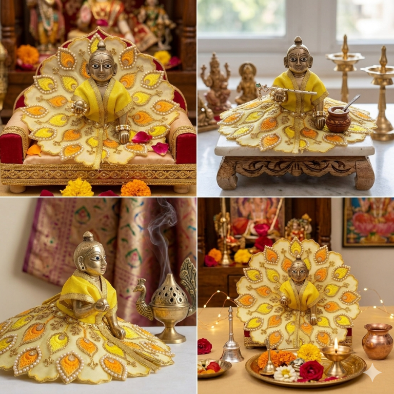 Tiny Shiny Laddu Gopal Poshak Thakur Ji Dress Heavy Designer Dress for Kanha Ji Fancy Dress for Bal Krishna Janmaasthmi Special for Ladoo Gopal Ji (Size-3 to 5)