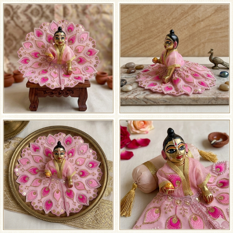Tiny Shiny Laddu Gopal Poshak Thakur Ji Dress Heavy Designer Dress for Kanha Ji Fancy Dress for Bal Krishna Janmaasthmi Special for Ladoo Gopal Ji (Size-3 to 5)