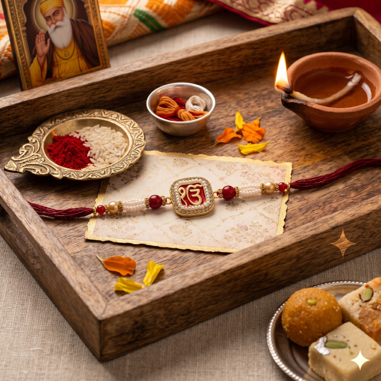 Rakhi Gift Set Brother with Ik Onkar Designer Rakhi, Roli Chawa, Sipra, Key Chain and chocolate box