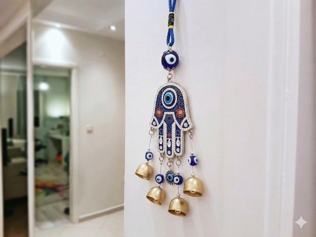 Hamsa Hand Evil Eye Wind Chimes for Good Luck Prosperity, Zodiac Success, Health Wealth Evil Eye Charm for Balcony, Home Entrance, Living Room Handcrafted Home Decor for Gift (Blue)