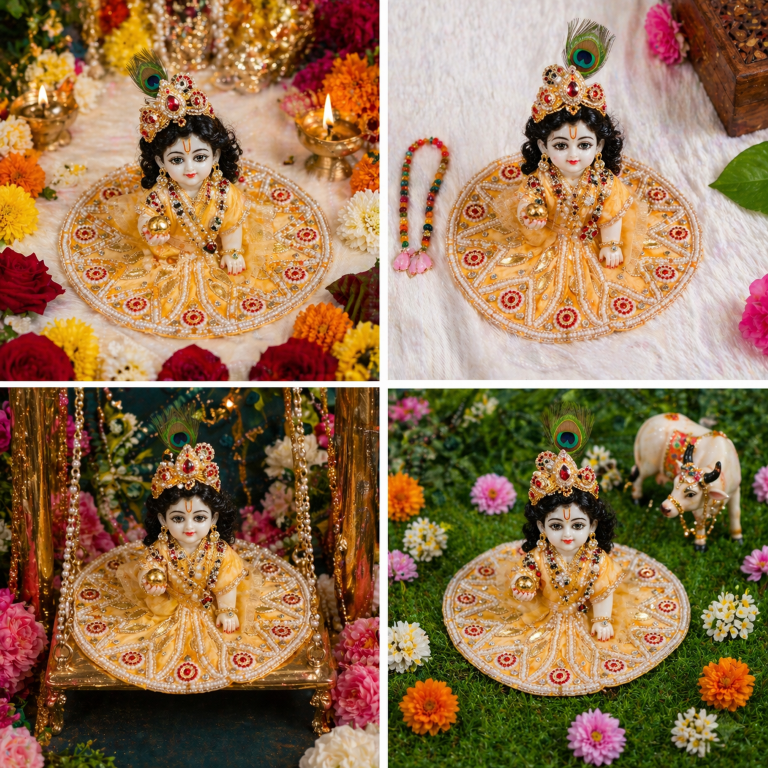 Tiny Shiny Laddu Gopal Poshak Thakur Ji Dress Heavy Designer Dress for Kanha Ji Fancy Dress for Bal Krishna Janmaasthmi Special for Ladoo Gopal Ji (Size- 0 to 6)