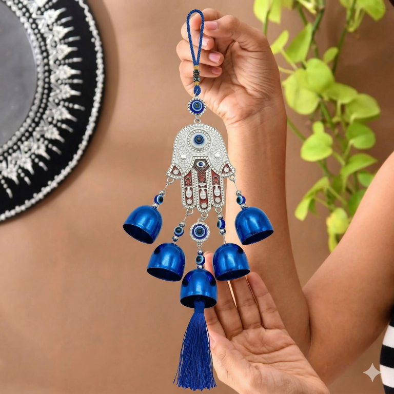 Hamsa Hand Evil Eye Wind Chimes for Good Luck Prosperity, Zodiac Success, Health Wealth Evil Eye Charm for Balcony, Home Entrance, Living Room Handcrafted Home Decor for Gift (White Red)
