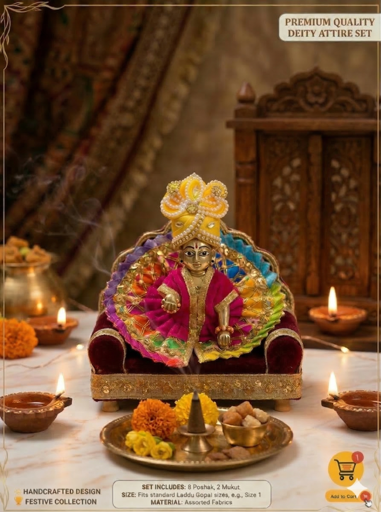 Tiny Shiny Laddu Gopal Poshak Thakur Ji Dress  Designer Dress for Kanha Ji Fancy Dress for Bal Krishna Janmaasthmi Special for Ladoo Gopal Ji (Poshak-8, Mukut-2, Size-1 )
