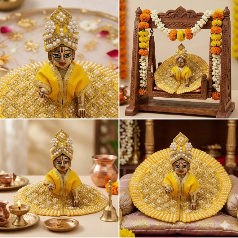 Tiny Shiny Laddu Gopal Poshak Thakur Ji Dress Heavy Designer Dress for Kanha Ji Fancy Dress for Bal Krishna Janmaasthmi Special for Ladoo Gopal Ji (Size-4 And 5)