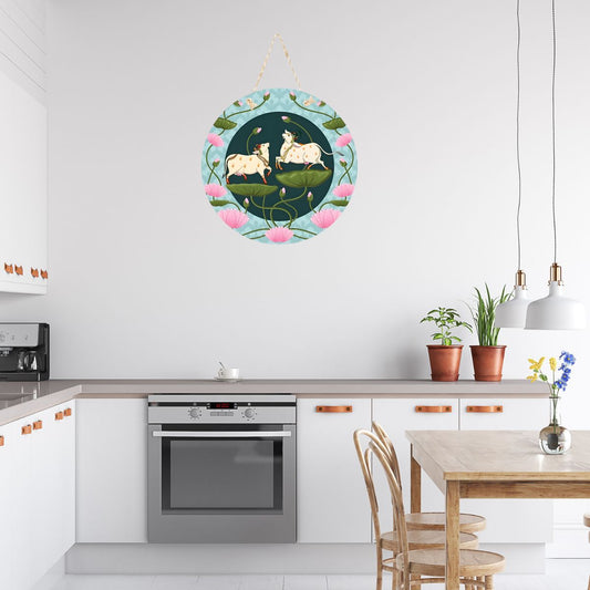 Sacred Cow Lotus Round Hanging Wall Plaque for Pooja Room Décor