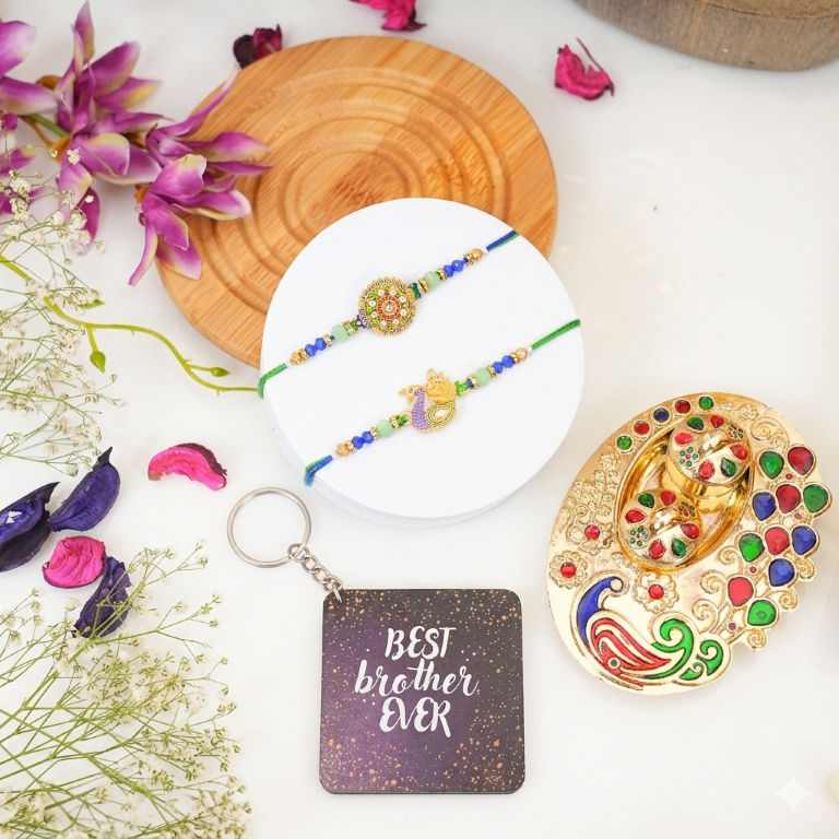 Rakhi Gift Set with 2 Mandala & Peacock Rakhi Set, Roli Chawa, Sipra, Key Chain and chocolate box