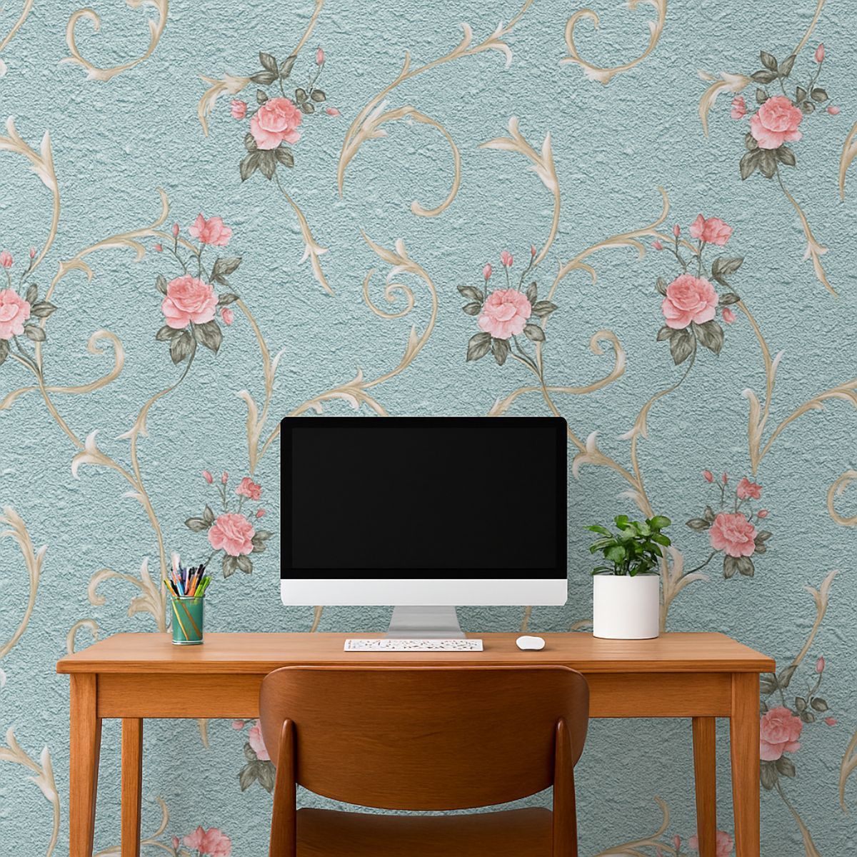 Blue Damask Removable PVC Vinyl Wallpaper for Walls