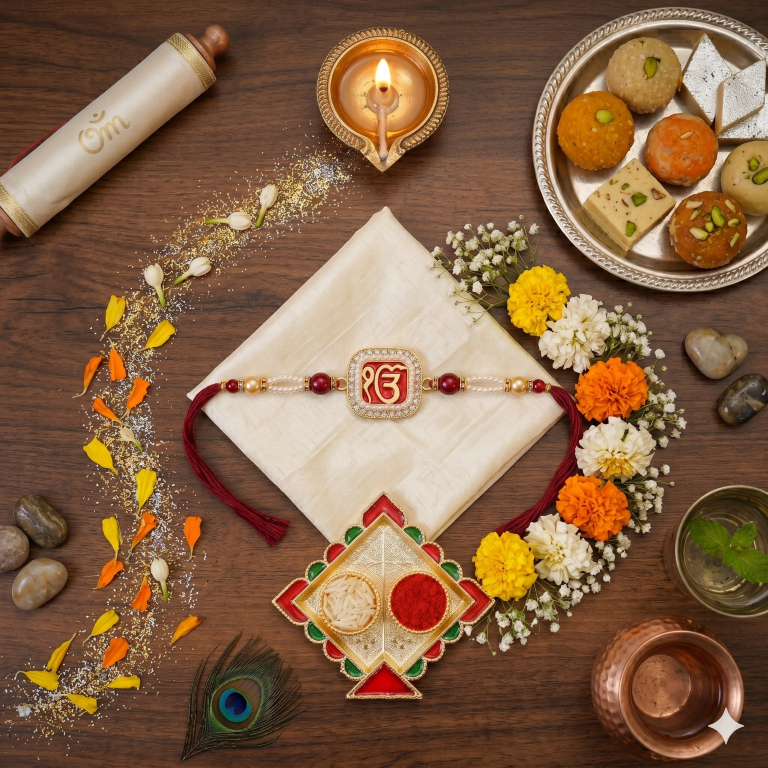 Rakhi Gift Set Brother with Ik Onkar Designer Rakhi, Roli Chawa, Sipra, Key Chain and chocolate box