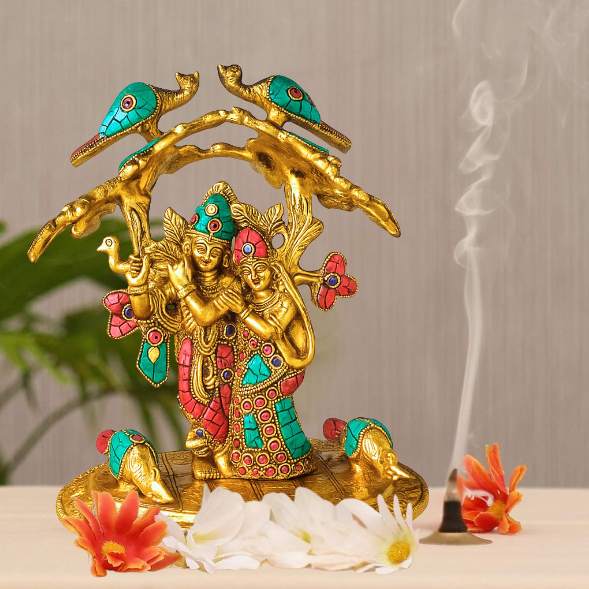 Metal Statue of Radha Krishna Under Tree with Peacock