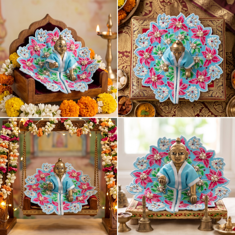 Tiny Shiny Laddu Gopal Poshak Thakur Ji Dress Heavy Designer Dress for Kanha Ji Fancy Dress for Bal Krishna Janmaasthmi Special for Ladoo Gopal Ji (Size-4 And 5)