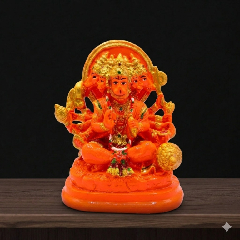 Divine Panchmukhi Hanuman Idol - Vibrant Saffron & Gold Finish (10 cm) | Five-Faced Bajrang Bali for Protection & Vastu