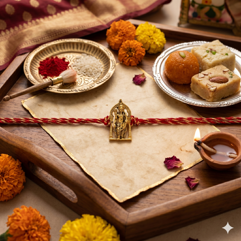 Rakhi Gift Set Brother with Tirupati Ram Lalla Rakhi, Roli Chawa, Sipra, Key Chain and chocolate box
