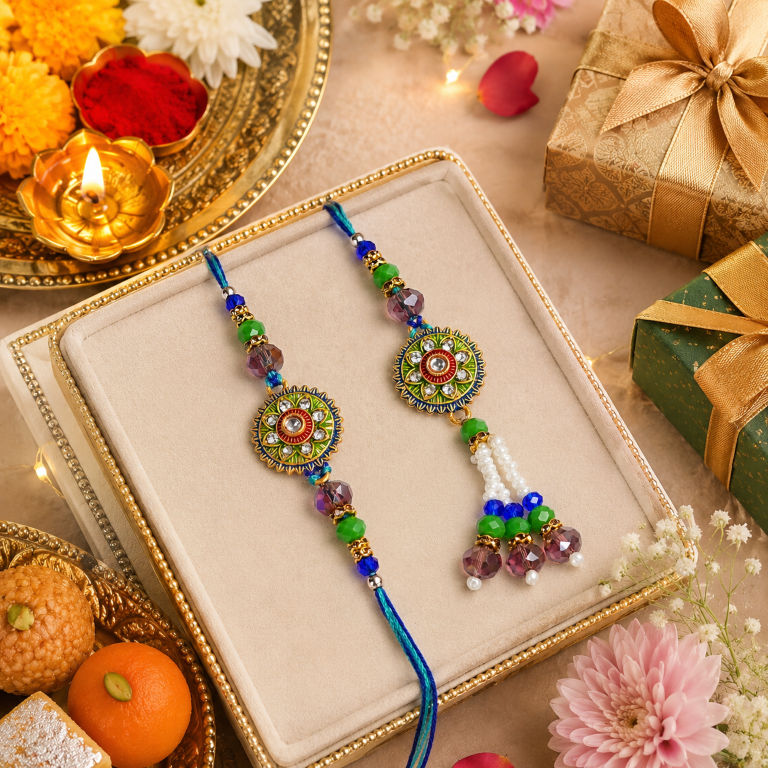 Designer Rakhi Set of 2 | Floral Stone Rakhi for Brother
