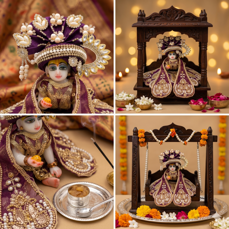 Tiny Shiny Laddu Gopal Poshak Thakur Ji Dress Heavy Designer Dress for Kanha Ji Fancy Dress for Bal Krishna Janmaasthmi Special for Ladoo Gopal Ji (Size-0 to 5)