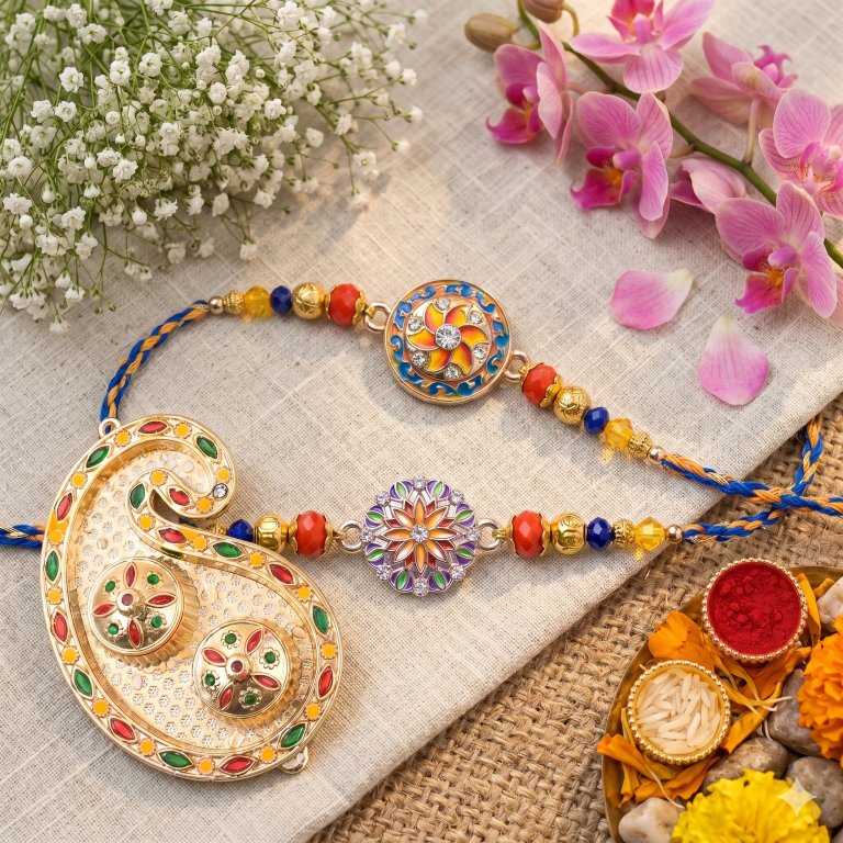 Rakhi Gift Set with 2 Twin Mandala Rakhi Pair, Roli Chawa, Sipra, Key Chain and chocolate box