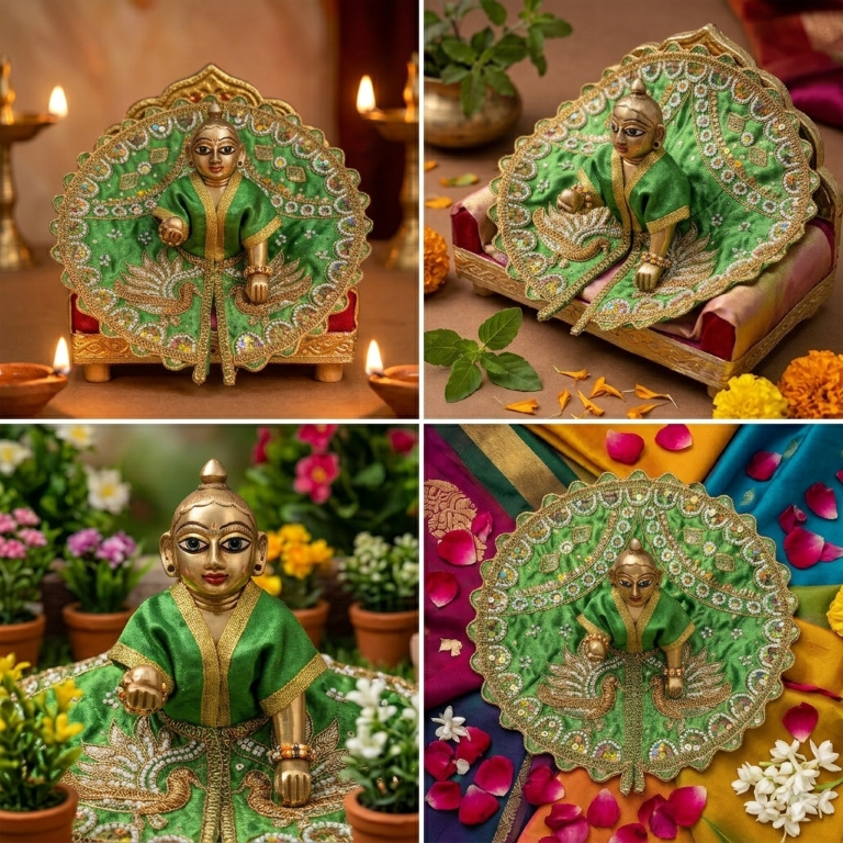 Tiny Shiny Laddu Gopal Poshak Thakur Ji Dress Heavy Designer Dress for Kanha Ji Fancy Dress for Bal Krishna Janmaasthmi Special for Ladoo Gopal Ji (Size-4 And 5)