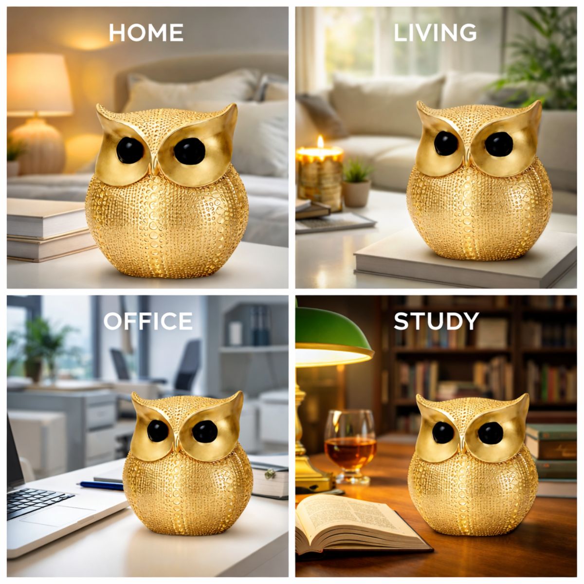 Tiny Shiny Golden Owl Showpiece for Home Decor – Handcrafted Resin Owl Statue for Living Room, Office Desk & Bookshelf – Modern Vastu Feng Shui Good Luck Figurine - image 6